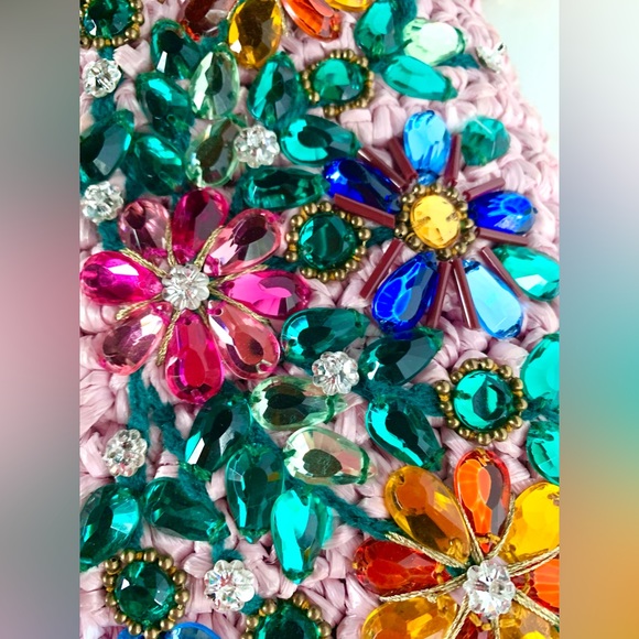 DOLCE & GABBANA MISS DOLCE PINK RAFFIA CRYSTAL LEATHER HANDBAG - Picture 8 of 14